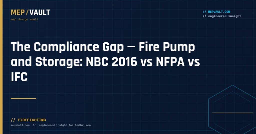 MEPVAULT cover image for "The Compliance Gap — Fire Pump and Storage: NBC 2016 vs NFPA vs IFC"